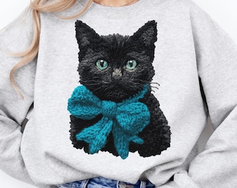 Gatto nero all'uncinetto Coquette PNG / Finto uncinetto PNG / Filato PNG / Amante dei gatti PNG / Gattino carino PNG / Coquette Preppy / Fiocco per gattini in sublimazione