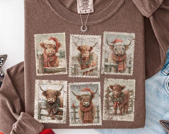 Highland Cow PNG | Christmas Stamp PNG | Holiday Vibe PNG | Cozy Christmas Png | Christmas Cuteness | Retro Winter Png | Cow Lover Png