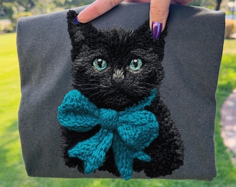 Gatto nero all'uncinetto Coquette PNG / Finto uncinetto PNG / Filato PNG / Amante dei gatti PNG / Gattino carino PNG / Coquette Preppy / Fiocco per gattini in sublimazione