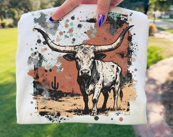 Western Longhorn Bull PNG | Western Graphics | Cowboy Graphics | Western Tee Design | Rodeo Shirt Design | Punchy PNG | Western Sublimation