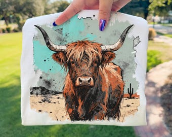 Western Highland Cow PNG | Western Graphics | Cow Lover PNG | Western Desert PNG | Desert Highland Cow Design | Western Cow Png | Rodeo Png