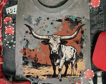 Western Longhorn Bull PNG / Grafica Western / Grafica Cowboy / Design T-shirt Western / Design maglietta Rodeo / Punchy PNG / Sublimazione Western