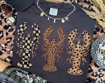 Trío de langostas preppy PNG / Verano costero PNG / Estampado de leopardo PNG / Lunares negros / Animales coloridos PNG / Vida marina PNG / Diseño de chica playera