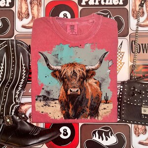May include: A red t-shirt with a Highland cow illustration in a watercolour style. The design includes a desert scene with cacti and a turquoise and grey backdrop. The shirt has a Comfort Colors label.