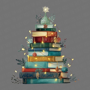 Könnte beinhalten: Ein Weihnachtsbaum aus gestapelten Büchern in verschiedenen Farben, geschmückt mit Lichterketten, Ornamenten und Grünzeug. Eine Vase mit einem Stern und einem Licht an der Spitze vervollständigt das festliche Design.