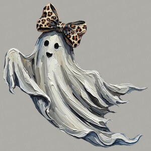 May include: A charming white ghost illustration, adorned with a leopard print bow. The ghost has a smiling face and a flowing, textured design, created with visible brushstrokes. The artwork is set against a grey background, ideal for Halloween.