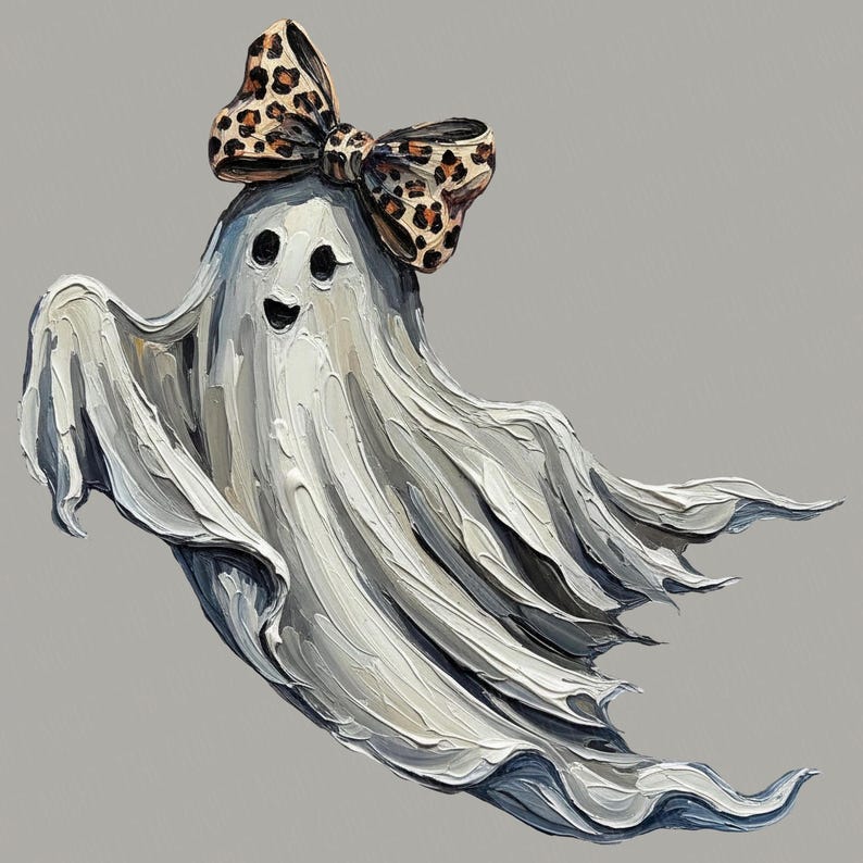 May include: A charming white ghost illustration, adorned with a leopard print bow. The ghost has a smiling face and a flowing, textured design, created with visible brushstrokes. The artwork is set against a grey background, ideal for Halloween.