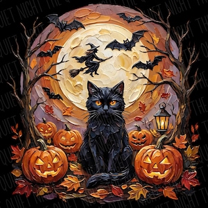 May include: A textured oil painting style illustration featuring a black cat sitting in the foreground surrounded by orange jack-o'-lanterns, autumn leaves, and bare trees. A witch on a broomstick flies across a large full moon with bats.