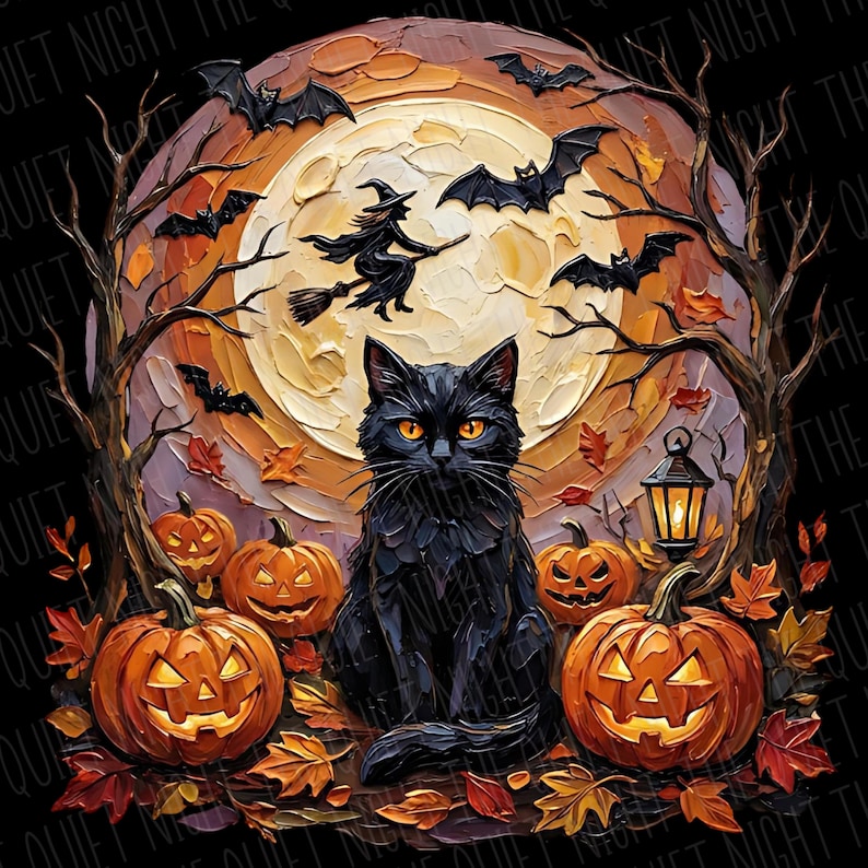 May include: A textured oil painting style illustration featuring a black cat sitting in the foreground surrounded by orange jack-o'-lanterns, autumn leaves, and bare trees. A witch on a broomstick flies across a large full moon with bats.