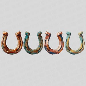 May include: Four horseshoe illustrations in a row, each with a unique color palette. The horseshoes are painted with a textured, brushstroke effect, featuring shades of brown, orange, and teal. The artwork has a rustic, country theme.
