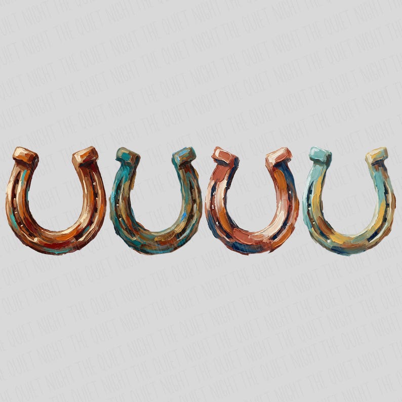 May include: Four horseshoe illustrations in a row, each with a unique color palette. The horseshoes are painted with a textured, brushstroke effect, featuring shades of brown, orange, and teal. The artwork has a rustic, country theme.