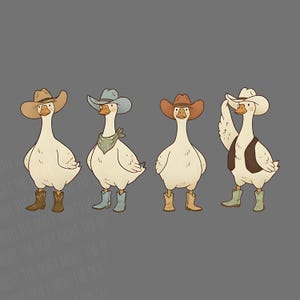 May include: Four cartoon geese dressed as cowboys, each with a different hat, boots, and accessories. One goose wears a vest and another a bandana. The geese are white with brown, blue, and tan accents, set against a gray background.