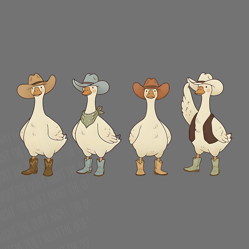 May include: Four cartoon geese dressed as cowboys, each with a different hat, boots, and accessories. One goose wears a vest and another a bandana. The geese are white with brown, blue, and tan accents, set against a gray background.