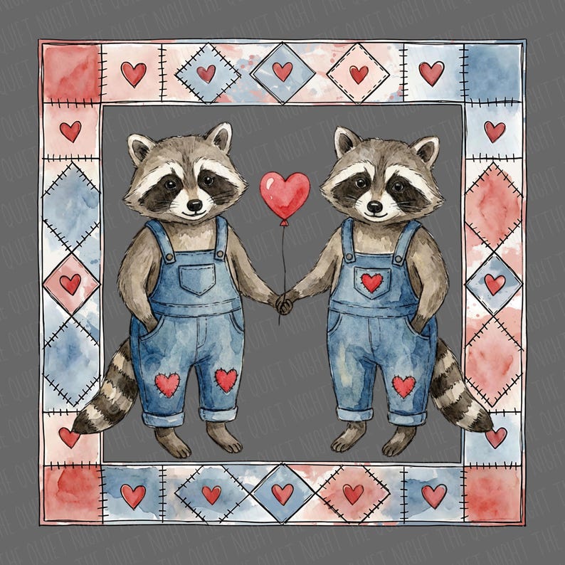 Pu&ograve; includere: Illustrazione ad acquerello di due procioni che si tengono per mano e con un palloncino rosso a forma di cuore. Indossano salopette di jeans blu con toppe a forma di cuore rosse. L'immagine &egrave; incorniciata da un bordo patchwork di quadrati rossi, blu e bianchi con cuori.