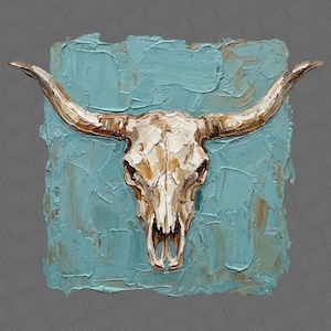 May include: A textured painting of a bull skull with long horns. The skull is off-white and gold, set against a turquoise blue background. The artwork has a thick, impasto style, creating a three-dimensional effect.