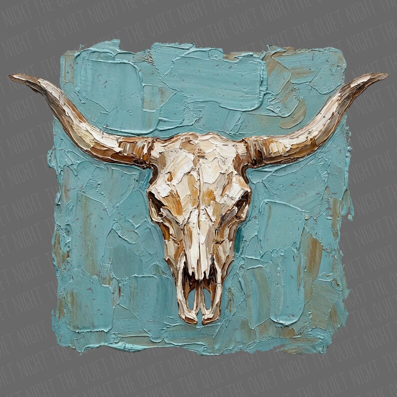 May include: A textured painting of a bull skull with long horns. The skull is off-white and gold, set against a turquoise blue background. The artwork has a thick, impasto style, creating a three-dimensional effect.