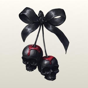 May include: A gothic-style illustration featuring two black skull-shaped cherries with red "juice" dripping from the top, attached to a large black bow. The artwork has a dark aesthetic, with a focus on the contrast between the black skulls and the red accents.