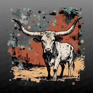 May include: A black and white illustration of a longhorn bull with large horns, set against a backdrop of orange, teal, and beige paint splatters. A desert landscape with cacti is in the background.