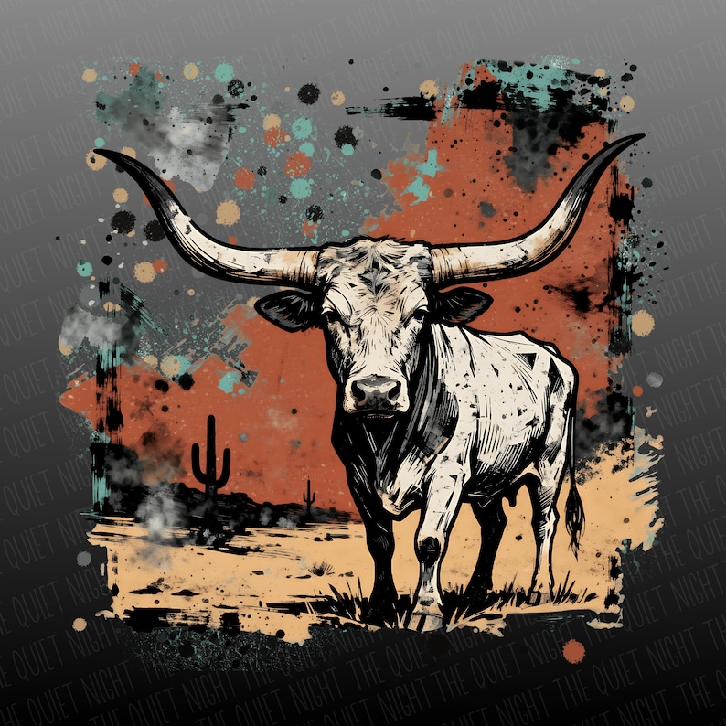 May include: A black and white illustration of a longhorn bull with large horns, set against a backdrop of orange, teal, and beige paint splatters. A desert landscape with cacti is in the background.