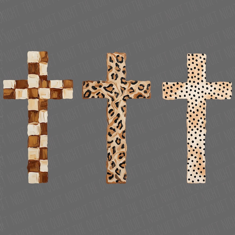May include: Three decorative crosses with unique designs. One cross features a checkerboard pattern in shades of brown and cream. Another showcases a leopard print, and the third has a dotted pattern in tan and black.