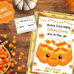 Op de afbeelding: Een Halloween-spel met een pompoenvormige pot gevuld met snoepmaïs. Het spel vraagt: "raad hoeveel Candy Corns er in de pot zitten". Een bonuskaart is inbegrepen voor gokken. Een kom met snoepmaïs is ook aanwezig.
