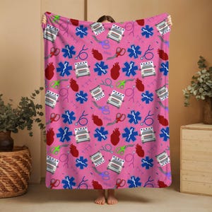 Ambulance Blanket Gift For EMT Paramedic Firefighter Medical Gift Hand Drawn Design Cozy Blanket Pink Blanket