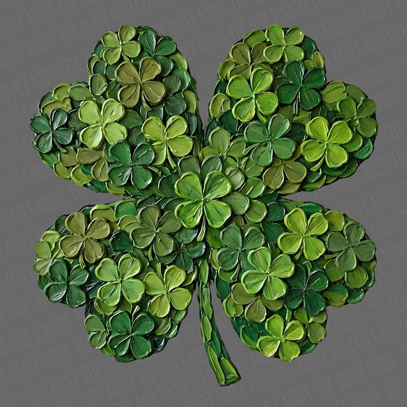 May include: A four-leaf clover made of many small green clovers. The leaves are various shades of green, creating a textured, dimensional effect. The background is a solid gray.