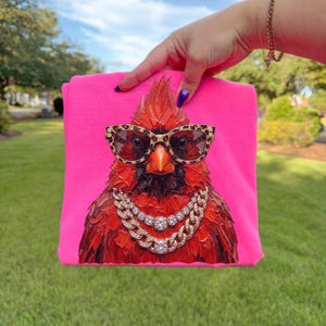 May include: A hot pink t-shirt featuring a detailed illustration of a red cardinal wearing leopard print sunglasses and a diamond chain necklace. The bird has a textured appearance, with a focus on the vibrant colors and accessories.