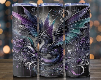 Mystical Dragon Tumbler Wrap | Seamless Tumbler | Dragon Design PNG | Fantasy Tumbler Wrap | Floral Dragon Sublimation | Colorful Dragon PNG