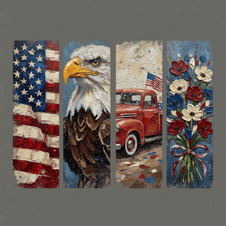 Puede incluir: Una obra de arte patri&oacute;tica en cuatro paneles verticales. Los paneles representan una bandera estadounidense, un &aacute;guila calva, una camioneta roja vintage con una bandera estadounidense y un ramo de flores rojas, blancas y azules. La obra tiene una apariencia texturizada y pintada.
