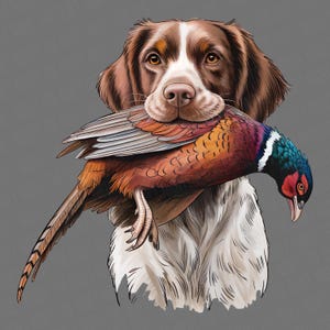 May include: Illustration of a hunting dog, a brown and white Brittany Spaniel, holding a colorful pheasant in its mouth. The pheasant has orange, red, blue, and green feathers. The dog has brown eyes and a focused expression.
