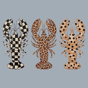 May include: Three illustrated lobsters with unique patterns. One is black and white checkered, the second has a leopard print, and the third is tan with black spots. All three are set against a light blue background.