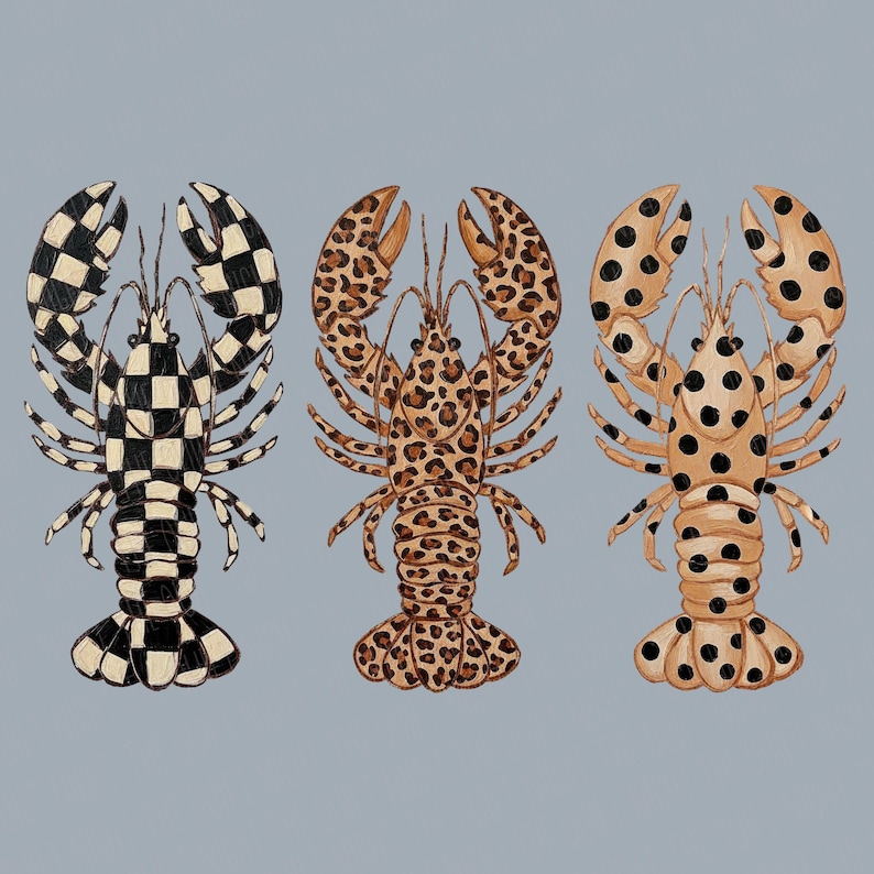 May include: Three illustrated lobsters with unique patterns. One is black and white checkered, the second has a leopard print, and the third is tan with black spots. All three are set against a light blue background.