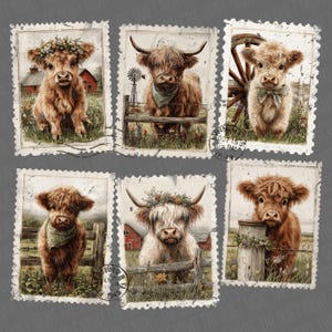 May include: A collage of six postage stamp-style images featuring Highland cows. The illustrations showcase the cows in various settings, some wearing floral crowns or scarves, with rustic backgrounds including barns, fences, and windmills. The color palette is warm, with earthy tones.