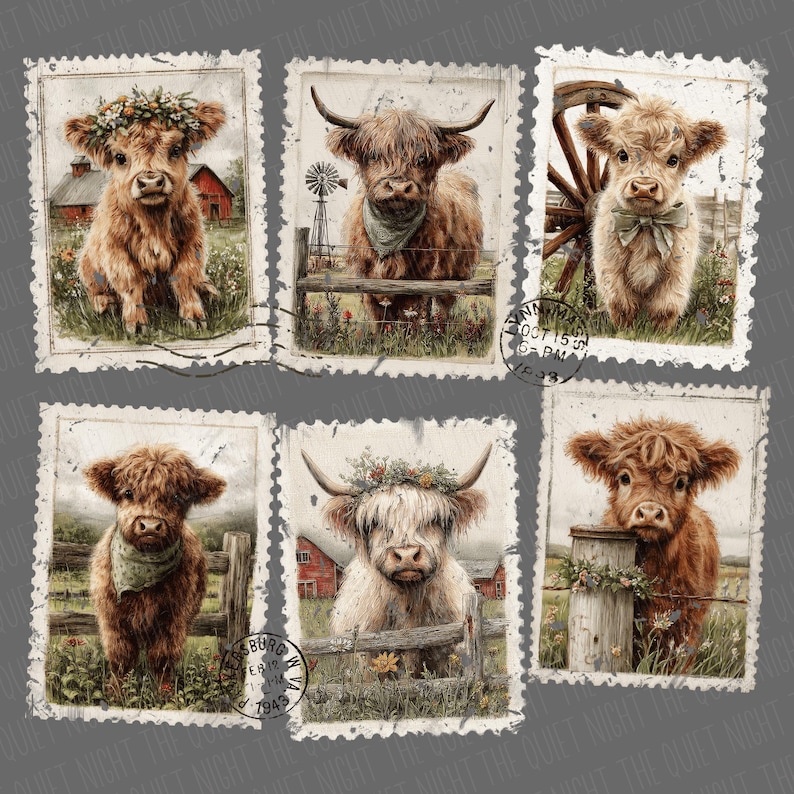 May include: A collage of six postage stamp-style images featuring Highland cows. The illustrations showcase the cows in various settings, some wearing floral crowns or scarves, with rustic backgrounds including barns, fences, and windmills. The color palette is warm, with earthy tones.