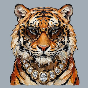 K&ouml;nnte beinhalten: Ein lebendiges Gem&auml;lde eines Tigers mit Leopardenmuster-Sonnenbrille und einer Diamantkette. Das Fell des Tigers ist in Orange-, Schwarz- und Wei&szlig;t&ouml;nen gehalten, vor einem grauen Hintergrund. Das Kunstwerk hat eine k&uuml;hne, moderne &Auml;sthetik.