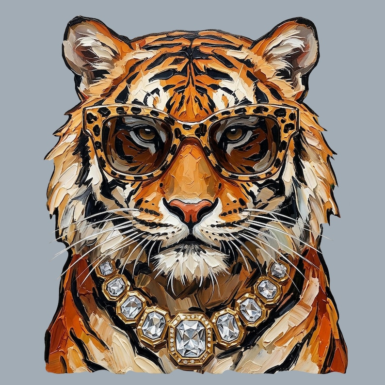 K&ouml;nnte beinhalten: Ein lebendiges Gem&auml;lde eines Tigers mit Leopardenmuster-Sonnenbrille und einer Diamantkette. Das Fell des Tigers ist in Orange-, Schwarz- und Wei&szlig;t&ouml;nen gehalten, vor einem grauen Hintergrund. Das Kunstwerk hat eine k&uuml;hne, moderne &Auml;sthetik.