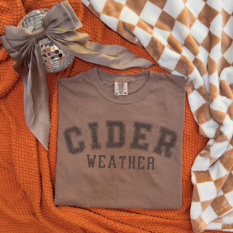 K&ouml;nnte beinhalten: Ein braunes T-Shirt mit den Worten "CIDER WEATHER" in dunkelbraunen Blockbuchstaben aufgedruckt. Das Shirt liegt gefaltet auf einer orangefarbenen Decke, mit einer Discokugel und einer karierten Decke im Hintergrund.
