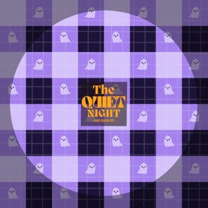 May include: A purple and black plaid pattern with white ghost illustrations. The image features a circular design with the text "The Quiet Night - Hand Drawn Art" in a gold and dark purple color scheme. The overall theme is Halloween.