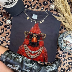 May include: Black t-shirt featuring a red cardinal wearing leopard print glasses and a gold chain necklace. The bird illustration is detailed and stylish. Accessories include a black cap, sunglasses, and a gold necklace.