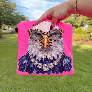 May include: A bright neon pink sweatshirt featuring a graphic print of a bald eagle wearing leopard print glasses and a large, multi-faceted crystal-style necklace. The eagle is rendered with thick, textured brushstrokes in white and dark blue.