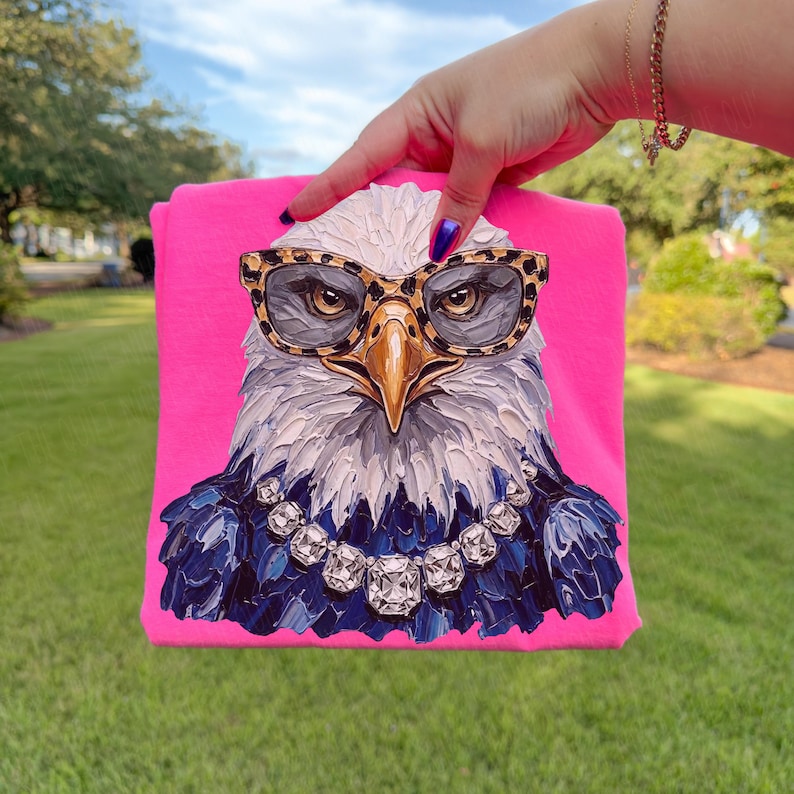 May include: A bright neon pink sweatshirt featuring a graphic print of a bald eagle wearing leopard print glasses and a large, multi-faceted crystal-style necklace. The eagle is rendered with thick, textured brushstrokes in white and dark blue.