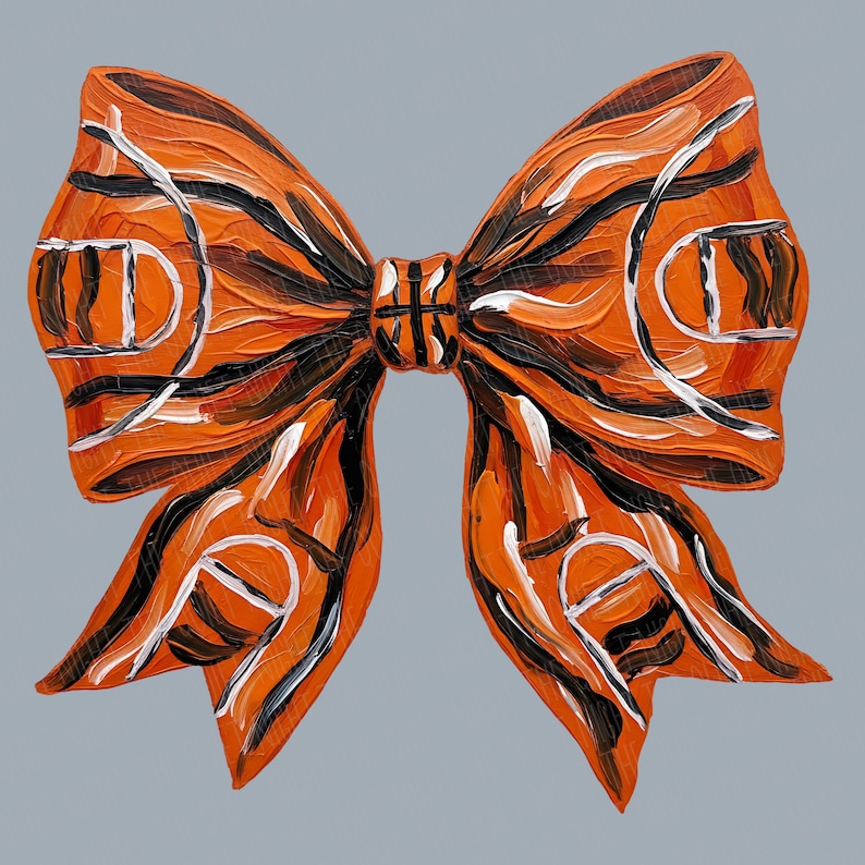 May include: An orange bow-shaped painting with black and white accents. The bow design incorporates basketball court elements, with the court lines and hoops visible. The artwork is set against a gray background.