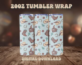 Cowboy Boot Tumbler Wrap 20oz PNG Hand Drawn Digital Download Western Hat Horseshoe Cactus Floral Boho Cowgirl Sublimation Design