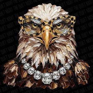 May include: An artistic rendering of an eagle's head, wearing leopard print glasses and a diamond necklace. The eagle's feathers are painted in shades of brown, beige, and white. The background is black with the text "THE QUIET NIGHT" repeated.