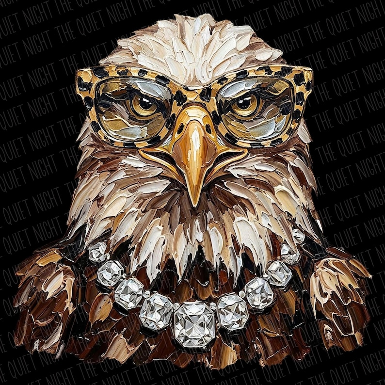 May include: An artistic rendering of an eagle's head, wearing leopard print glasses and a diamond necklace. The eagle's feathers are painted in shades of brown, beige, and white. The background is black with the text "THE QUIET NIGHT" repeated.