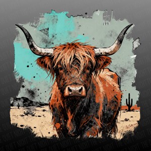 May include: An artistic illustration of a Highland cow with long horns, featuring a brown and orange colour palette. The background includes a desert landscape with cacti and a turquoise sky, with the text "THE QUIET NIGHT" in the corners.