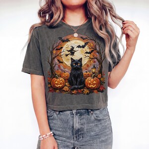 May include: A charcoal gray short-sleeve t-shirt featuring a graphic print of a black cat sitting among orange jack-o'-lanterns, autumn leaves, and bare trees. A full moon with a flying witch silhouette and bats is visible in the background.