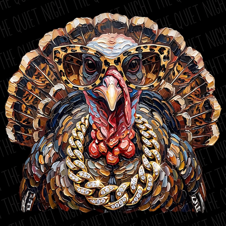 May include: A digital illustration of a turkey wearing leopard print glasses and a thick gold chain with embedded crystals. The turkey features textured, painterly brushstrokes in shades of brown, tan, and red, set against a black background.