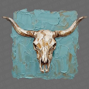 May include: A textured painting of a bull skull with long horns, in cream and brown tones. The skull is set against a turquoise blue background with visible brushstrokes, creating a rustic, artistic aesthetic. The artwork is square.